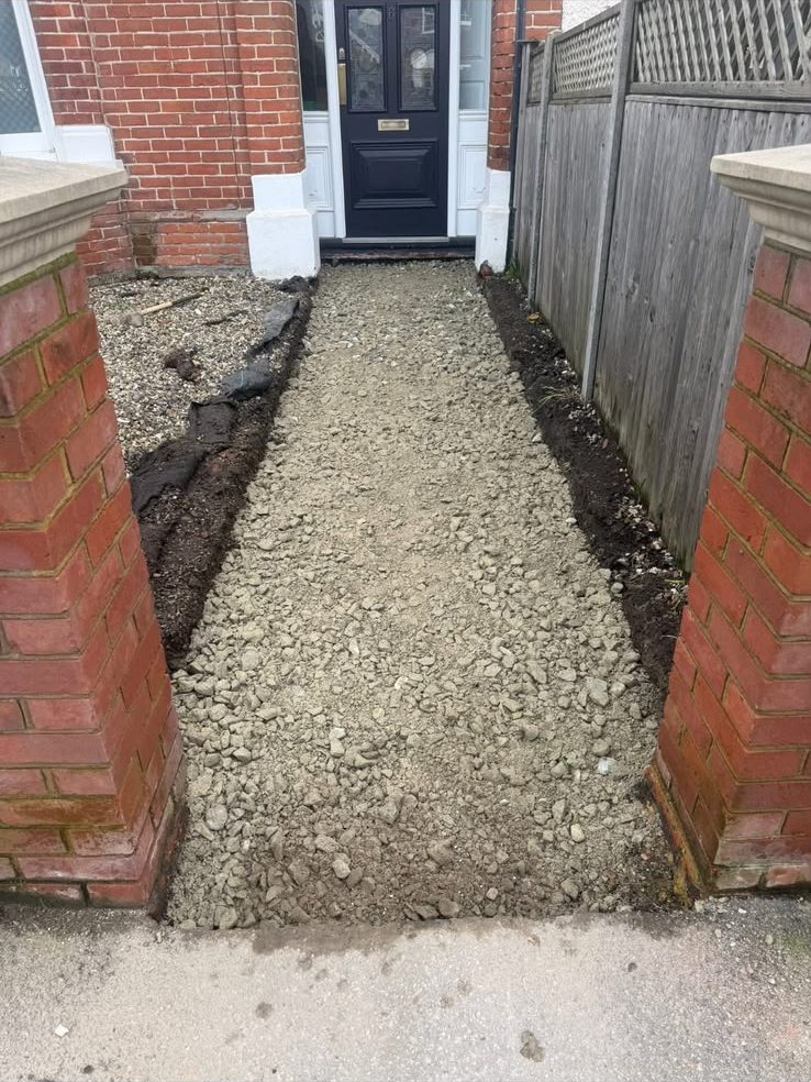 Herringbone brick path, before